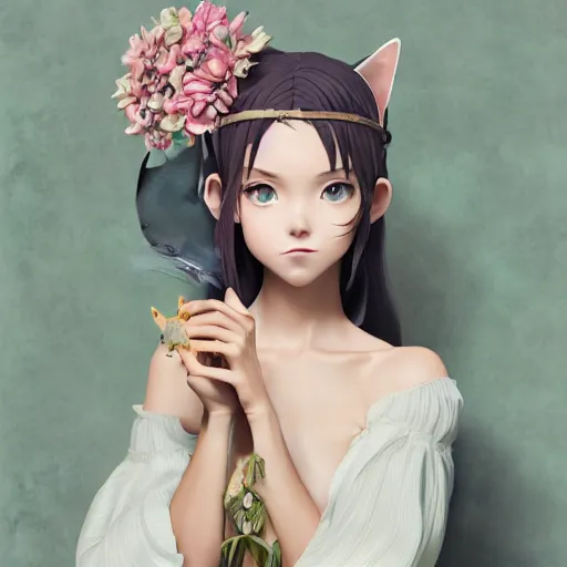 Image similar to a stunning portrait of an olive - skinned witch with cat ears wearing an ornate flower dress, by makoto shinkai, wlop, andrei riabovitchev, sakimichan, summer vibes, very coherent symmetrical artwork, perfect face, studio lighting, 4 k, masterpiece, trending on artstation