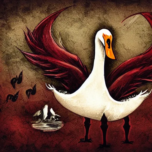 Prompt: evil swan, gritty horror illustration, highly detailed and disturbing