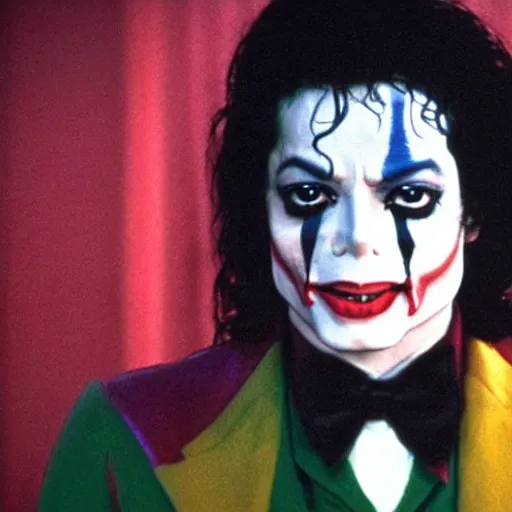 Image similar to a film still of Michael Jackson starring as The Joker, 40mm lens, shallow depth of field, split lighting, cinematic