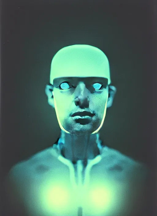 Prompt: polaroid, photo taken in a back storage room where you can see empty shelves, depth of field, head chest and arms portrait of an android with an adult male human looking face, and a glass head with light coming out of it, light is coming out of the inside of the head, the android is pondering the meaning of its existence