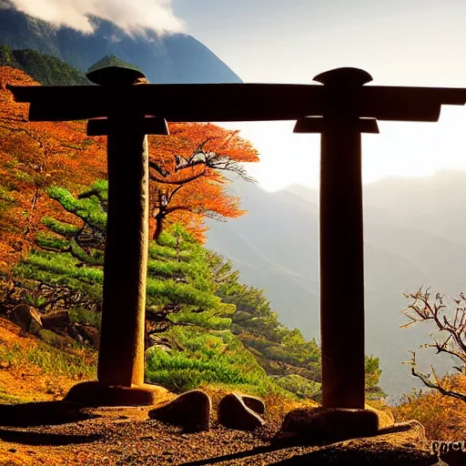 Image similar to Japanese Torii in a moutain , morning , sunshine , by Grzegorz Rutkowski