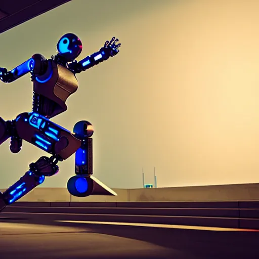 Prompt: Cyberpunk robot doing parkour:: photorealistic:: 4K:: 3D