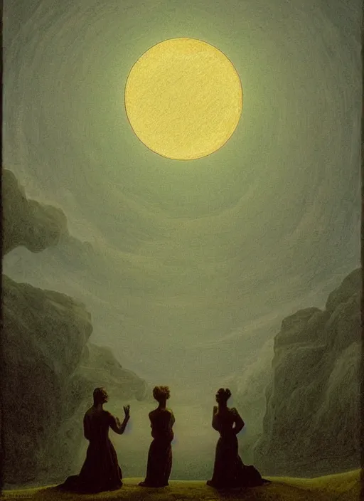 Image similar to three backlit silhouettes of ancient greek venus observing an eclipse at dusk, painted by caspar david friedrich