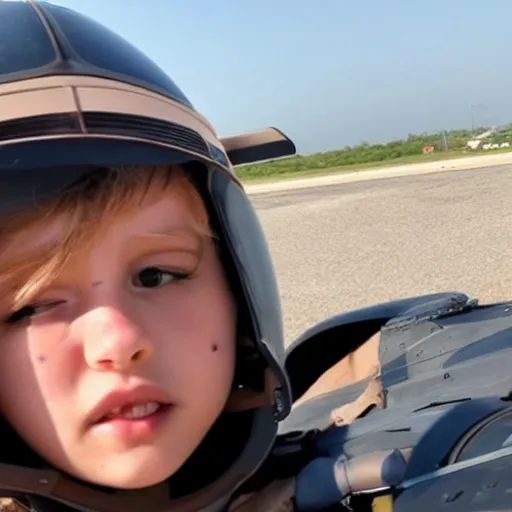 Prompt: Selfie of child joyriding in stolen fighter jet