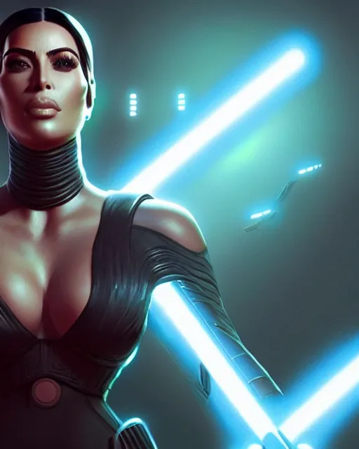 Image similar to kim kardashian : : young woman : : as hot star wars android woman by marvel trading card : : by greg rutkowski, wlop, instagram, unreal engine, : :