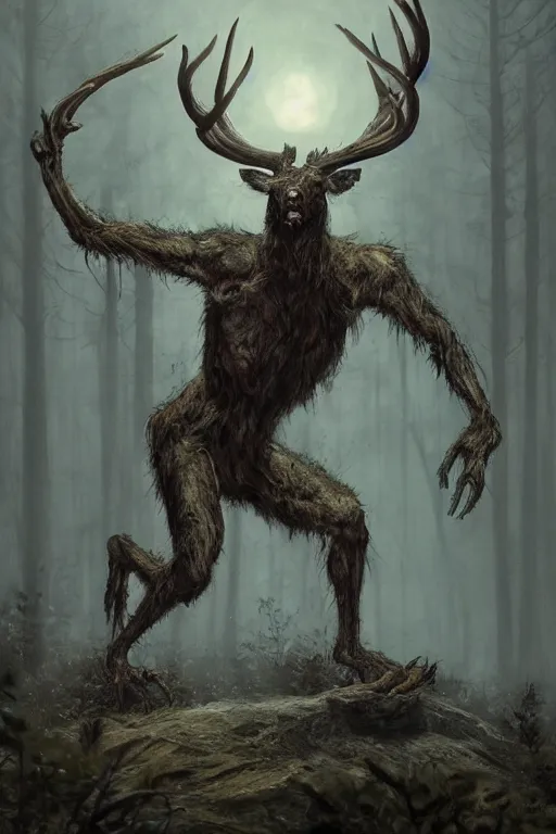 Image similar to anthropomorphic humanoid crouching deer monster in a dark moonlit forest, horror, highly detailed, crouching humanoid, human-like, whole body, by Greg Rutkowski, trending on artstation, 4k