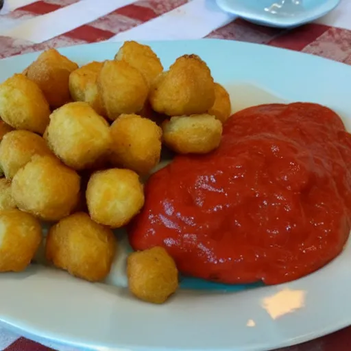 Prompt: food photo of channing tatum's face as tater tot on a plate with ketchup