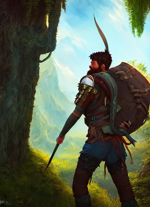 Image similar to an epic fantasy comic book style portrait painting of a male fantasy explorer in the wilds with a backpack and map, unreal 5, daz, hyperrealistic, octane render, cosplay, rpg portrait, dynamic lighting