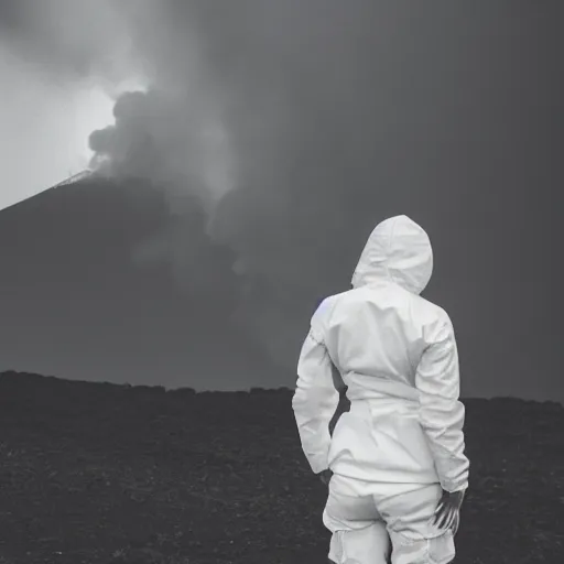 Image similar to woman with white suit, she wear gasmask, standing close to volcano, fire raining, professional photography, black and white, cinematic, eerie