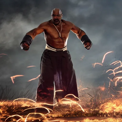 Image similar to a film still of a black man starring in a japanese blockbuster film as heihachi from tekken, shallow depth of field, cinematic, award winning cgi, vfx, film still