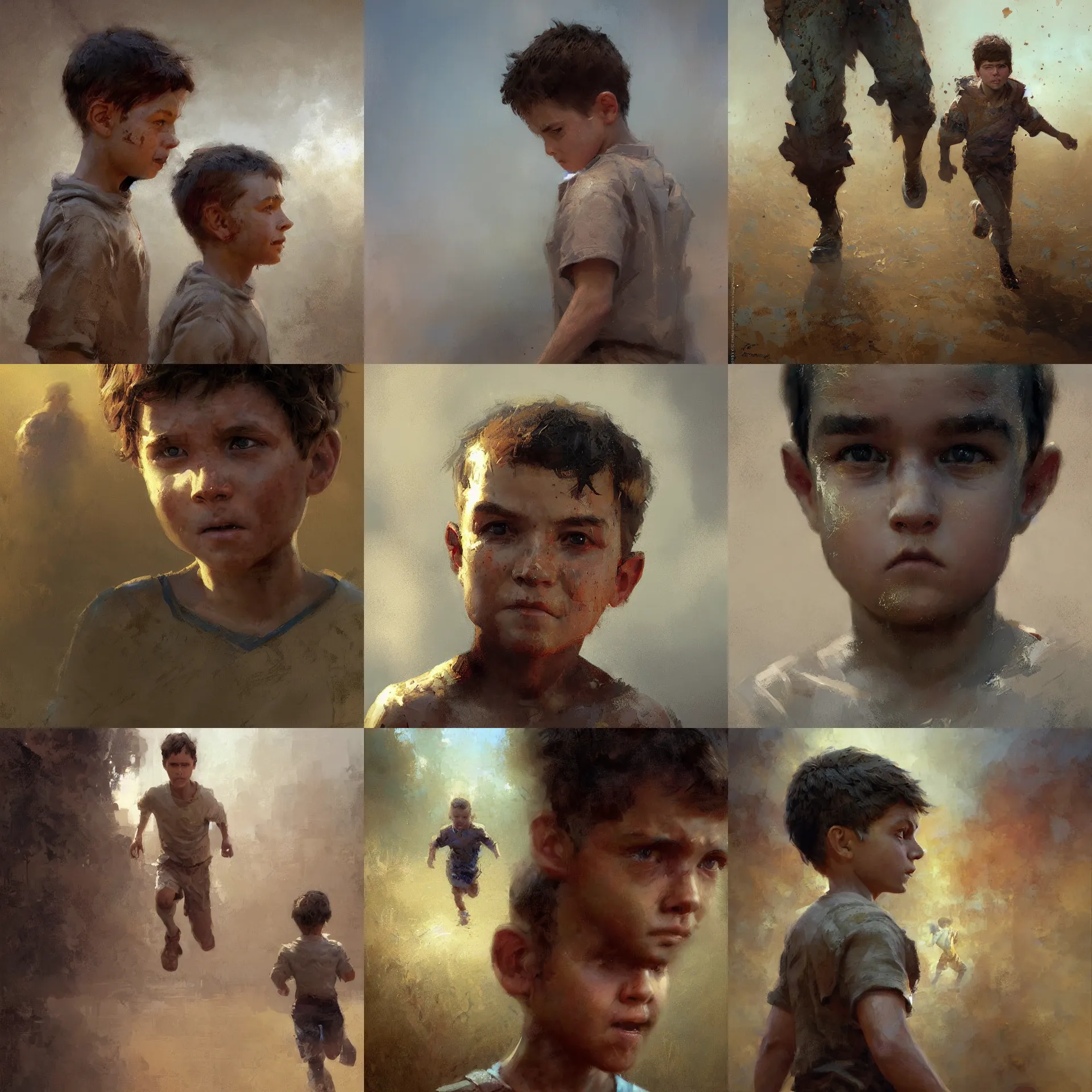 Prompt: digital art painting of a young boy turning his head to look behind while running painted by craig mullins and gaston bussiere and greg rutkowski, symmetrical facial features, symmetrical face, defined facial features, dramatic lighting, close up