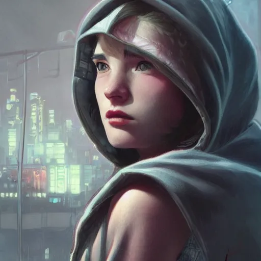 Image similar to character portrait of a 1950s teenage girl in a hoodie, dystopian cyberpunk steampunk mood, intricate, wild, highly detailed, digital painting, artstation, upper body, concept art, smooth, sharp focus, illustration, art by artgerm and greg rutkowski and alphonse mucha