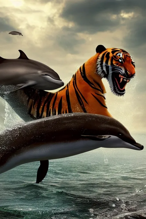 Prompt: a cute little tiger riding a dolphin, pixar, dramatic lighting, cinematic, establishing shot, extremely high detail, foto realistic, cinematic lighting, post processed, concept art, high details, cinematic, 8k resolution, beautiful detailed, photorealistic, digital painting, artstation, concept art, smooth, sharp focus, artstation trending, octane render, unreal engine