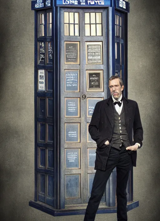 Prompt: still portrait of hugh laurie standing next to the tardis from doctor who, au naturel, hyper detailed, digital art, trending in artstation, cinematic lighting, studio quality, smooth render, unreal engine 5 rendered, octane rendered, art style by klimt and nixeu and ian sprigger and wlop and krenz cushart.