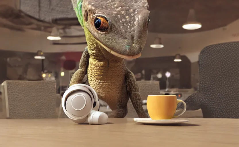 Image similar to a cute gecko with headphones in a cafe sitting in front of a table with a coffee, digital painting, masterpiece, digital art, concept art, octane render, unreal engine 5, trending on deviantart, highly detailed, high quality, 8 k, cartoon, high coherence, realistic, anatomically correct, five fingers, relaxing, realistic and detailed face, beautiful, elegant