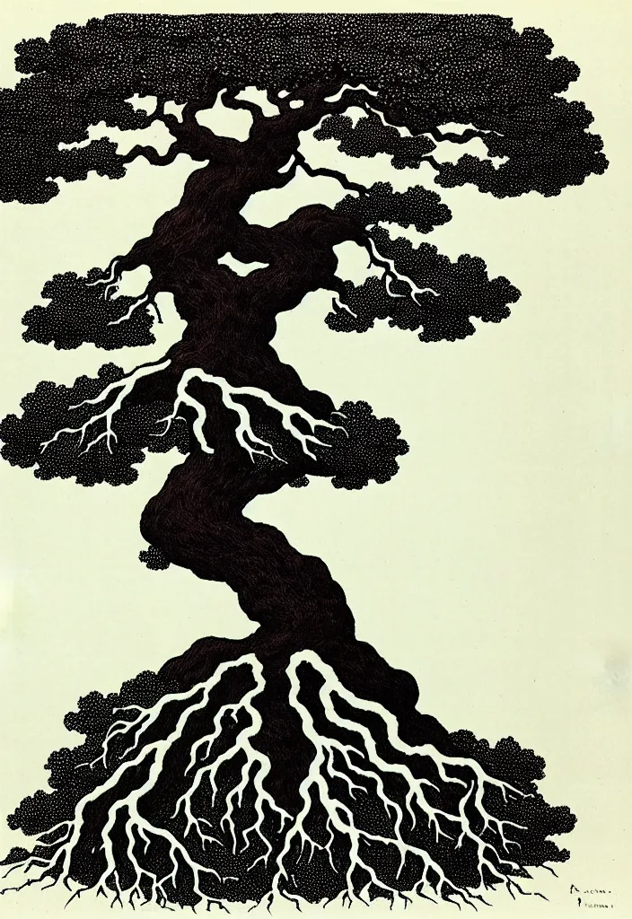 Image similar to prompt: magical white Bonsai tree roots merging into big moon drawn by Rene Magritte, Japanese woodblock print style, clean ink detailed line drawing, intricate detail, manga 1990