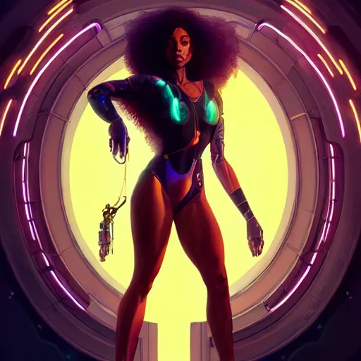 Image similar to cyborg Normani as aeon flux profile picture by Greg Rutkowski, dynamic pose, dreamlike, neon lights, intricate, futuristic, fantasy, elegant, by Stanley Artgerm Lau, greg rutkowski, thomas kindkade, alphonse mucha, loish, norman Rockwell,