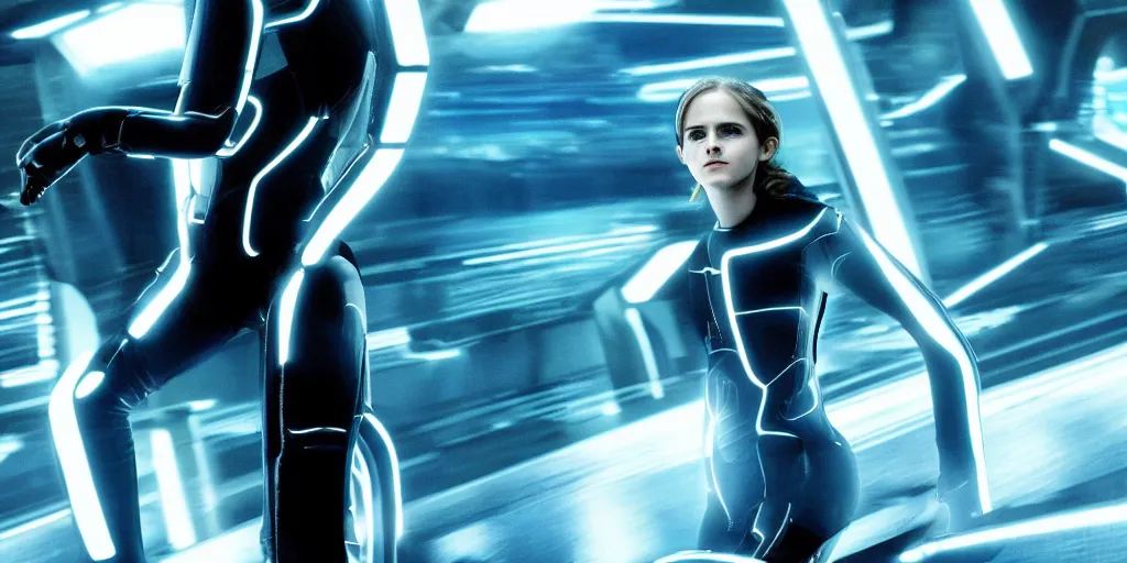 Image similar to emma watson in the movie tron legacy ( 2 0 1 0 ), cinematic, film still