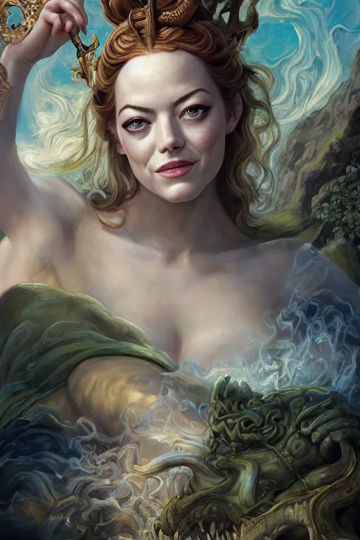 Prompt: A fantasy comic book style portrait painting of Emma Stone, as an Atlantean Reptilian Warrior, François Boucher, Oil Painting, Mystical Valkyrie, unreal 5, DAZ, hyperrealistic, octane render, Regal, Refined, Detailed Digital Art, RPG portrait, William-Adolphe Bouguereau, Michael Cheval, Walt Disney (1937), Steampunk, dynamic lighting, Highly Detailed, Cinematic Lighting, Unreal Engine, 8k, HD