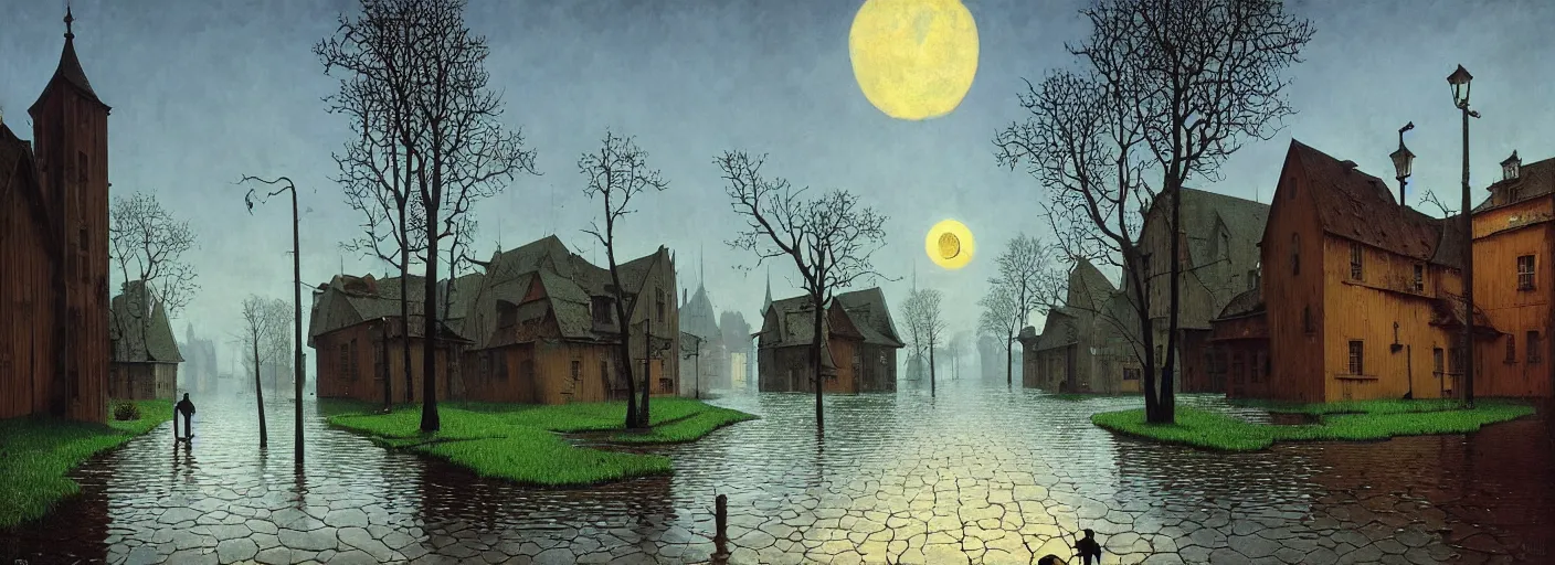 Image similar to flooded! old dark scary wooden empty cursed town street entrance, very coherent and colorful high contrast masterpiece by gediminas pranckevicius rene magritte norman rockwell franz sedlacek, full - length view, dark shadows, sunny day, hard lighting, reference sheet white background