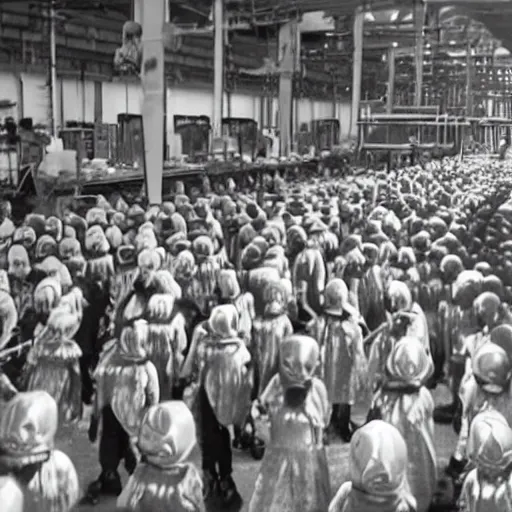 Image similar to a film still of the Oompa Loompa uprising as the run riot through the factory