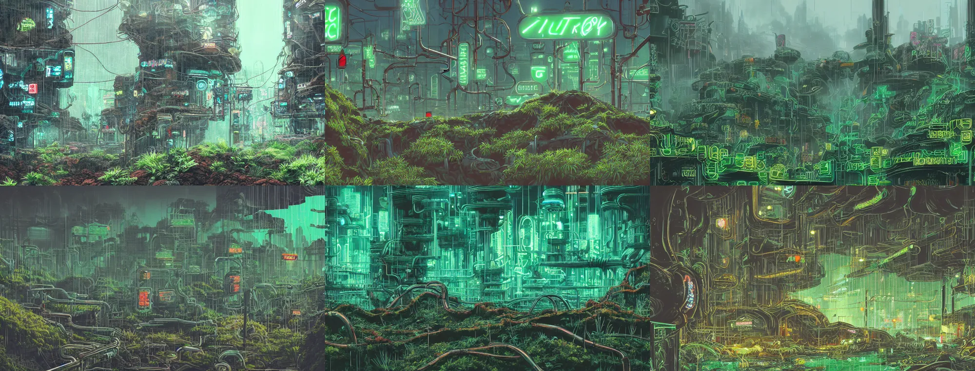 Prompt: plants growing out of old rusty pipes in a mountain range, green neon signs, ground covered in mist, detailed cyberpunk illustration