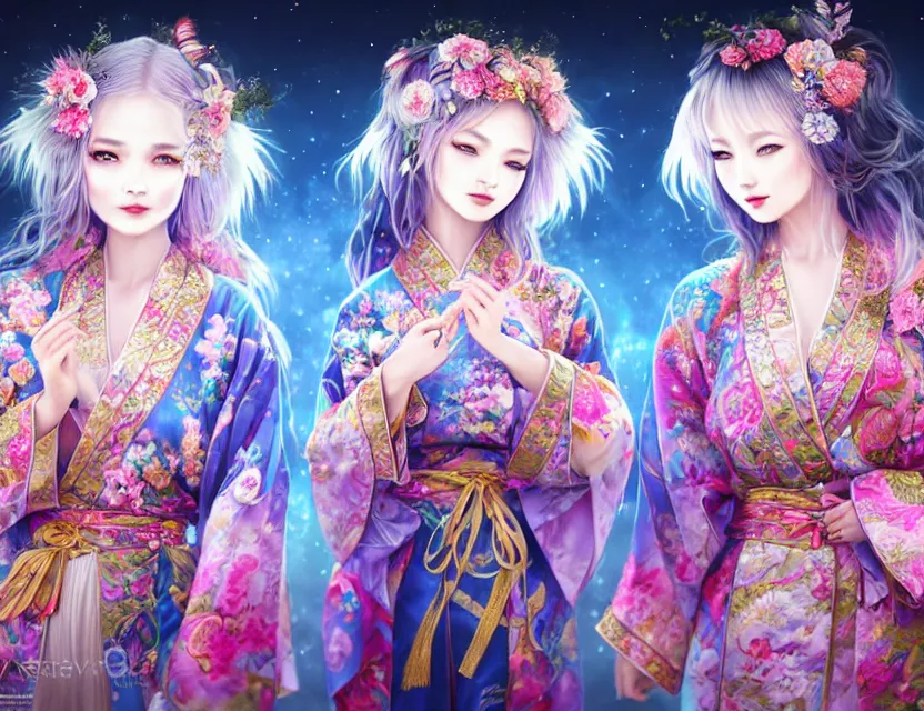 Image similar to two beautiful alluring siberian girls wear fantasy kimono in festival | | sunny night, full moon, dreamlike art, realistic shaded, smile, good looking, hyper details, 4 k realistic, cryengine, realistic shaded lighting poster by artgerm, ross tran, fuji choko, 8 k resolution, trending on artstation, luxury