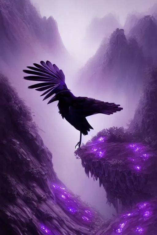 Image similar to portrait of a beautiful one raven perched on purple crystals that are glowing in a misty valley, establishing shot, extremly high detail, foto realistic, cinematic lighting, by yoshitaka amano, ruan jia, kentaro miura, artgerm, post processed, concept art, artstation, raphael lacoste, alex ross