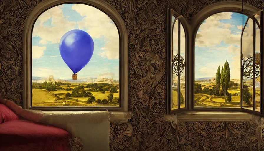 Prompt: a huge standalone hyperrealistic photorealistic hyperdetailed window reflecting a balloon, seen from the distance. art nouveau rococo in the style of caravaggio and botticelli. unexpected maximalist fabric elements hd 8 x matte background in vibrant vivid pastel colour textures