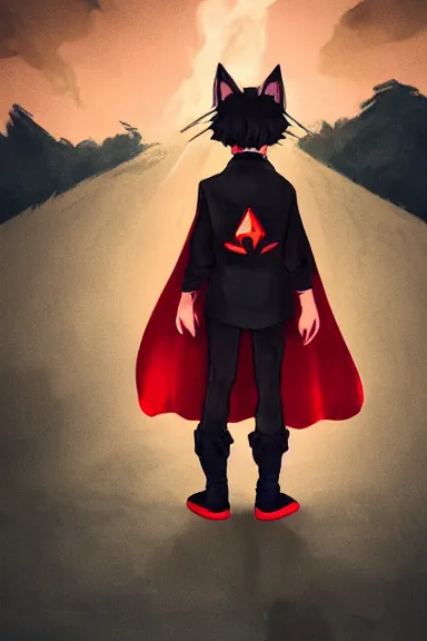 Image similar to little boy with cat ears in an black outfit with red cape. digital artwork made by lois van baarle and kentaro miura, sharpness focus, inspired by hirohiko araki, anatomically correct, heroic composition, hero pose, smooth, night city, illuminati