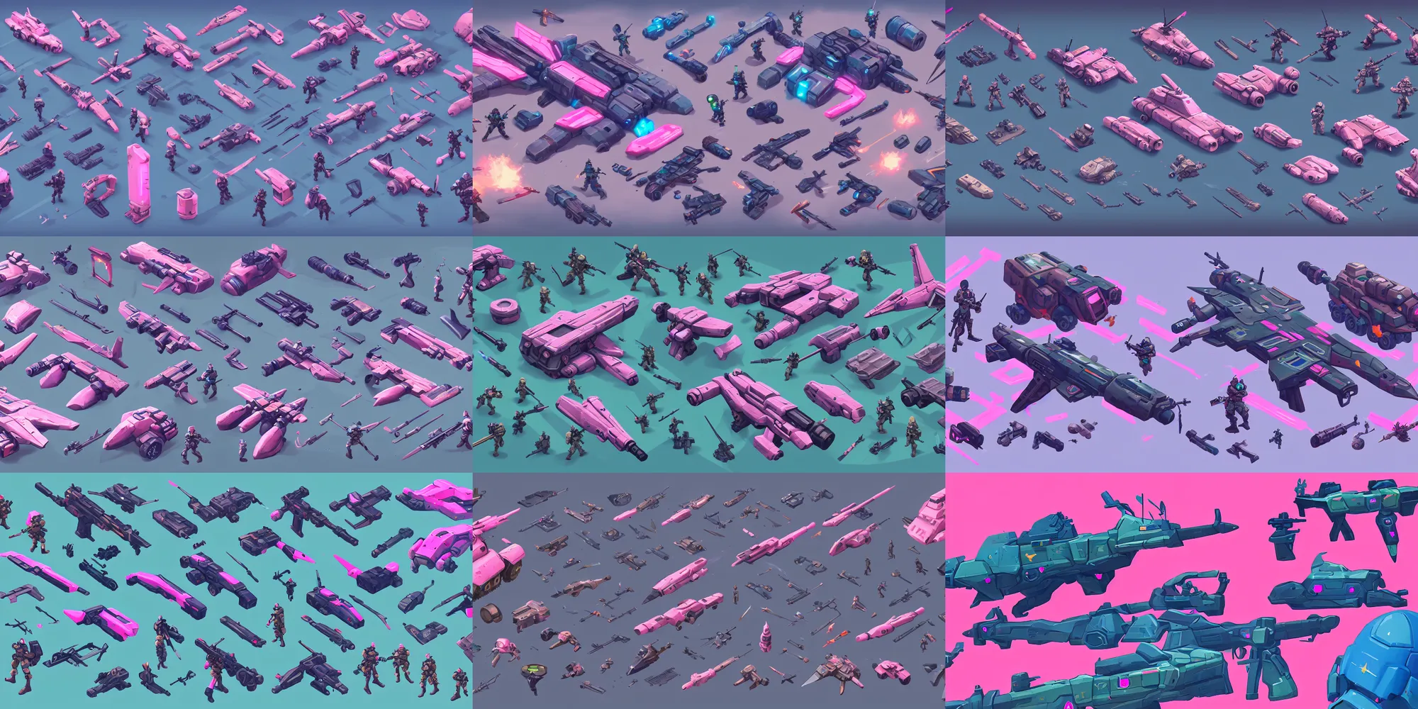 Prompt: game asset of military equipments and futuristic gadgets, in gouache detailed paintings, props, stylized, 2 d sprites, kitbash, arcane, overwatch, blue and pink color scheme, 8 k, close up