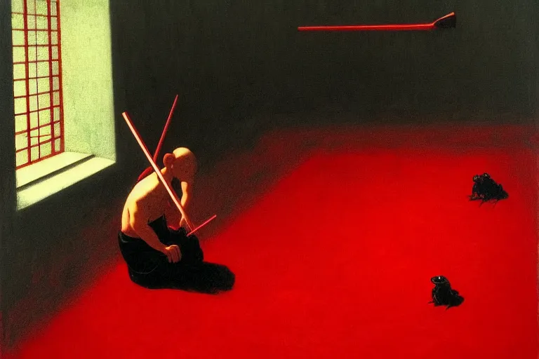 Image similar to only with red, a red samurai do seppuku, tokio, a lot of frogs watch, in the style of beksinski, parts by edward hopper, parts by rodcenko, parts by yue minjun, intricate and epic composition, red by caravaggio, insanely quality, highly detailed, masterpiece, red light, artstation, 4 k