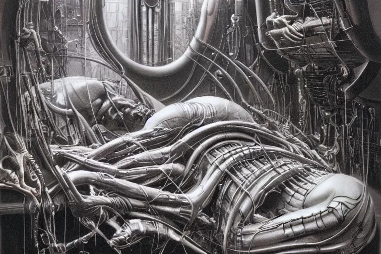 Prompt: the birth of the cyborg sleeping chambre / artificial womb by hr giger. hedonic imperative expressed as a pan - species techno - utopia imagined by jim burns and james gurney, wayne barlowe,. masterpiece scifi artwork, retro, trending on artstation, 8 k