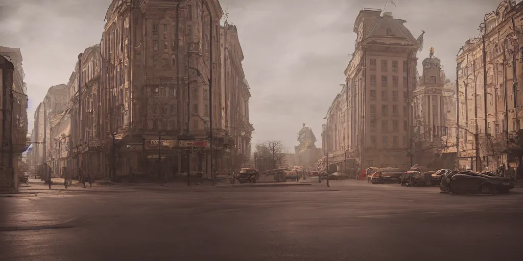 Prompt: cinematic street shot of a city on mars, aelita, phalanster, saint petersburg city, telephoto, anamorphic cinematography, beautiful composition, color theory, leading lines, photorealistic, moody volumetric lighting
