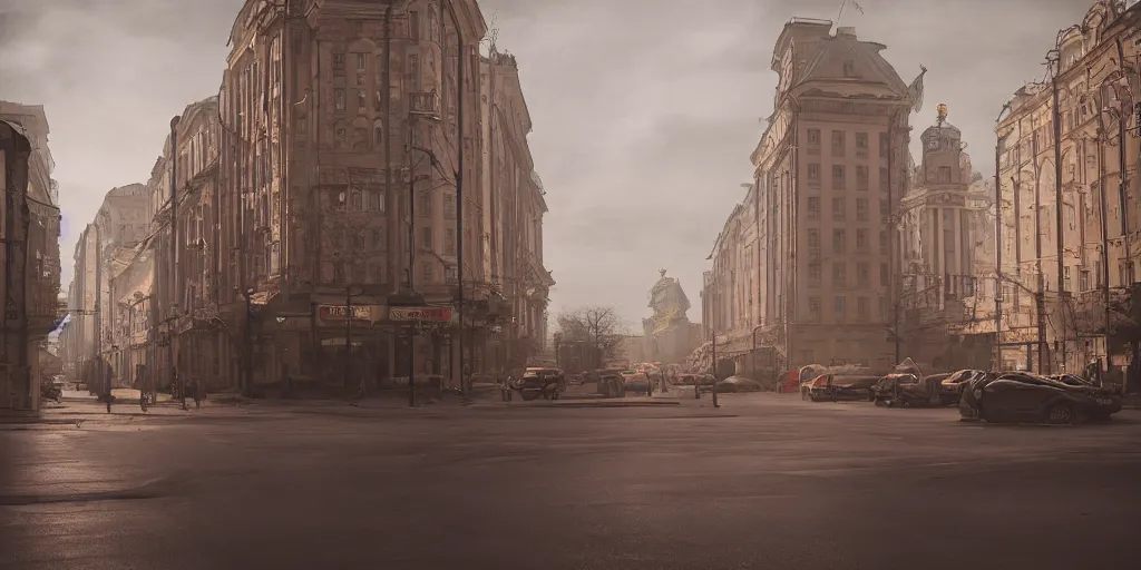 Image similar to cinematic street shot of a city on mars, aelita, phalanster, saint petersburg city, telephoto, anamorphic cinematography, beautiful composition, color theory, leading lines, photorealistic, moody volumetric lighting