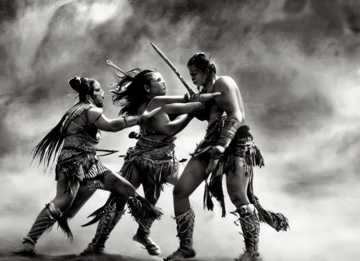 Image similar to movie, ancient Battlefield, beautiful aztec warrior females fight in air, epic, vintage, black and white, Boris vallejo, sepia, apocalypto