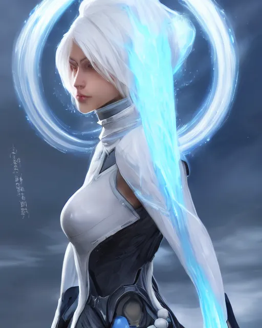 Image similar to perfect white haired girl, warframe armor, beautiful, pretty face, blue eyes, detailed, windy weather, scifi, platform, laboratory, experiment, 4 k, ultra realistic, epic lighting, high detail, masterpiece, by akihito tsukushi, charlie bowater, ross tran