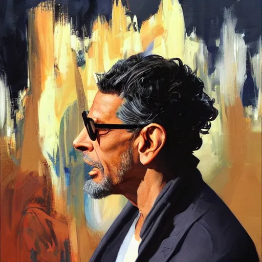Image similar to greg manchess portrait painting of jeff goldblum as a wizard, medium shot, asymmetrical, profile picture, organic painting, sunny day, matte painting, bold shapes, hard edges, street art, trending on artstation, by huang guangjian and gil elvgren and sachin teng