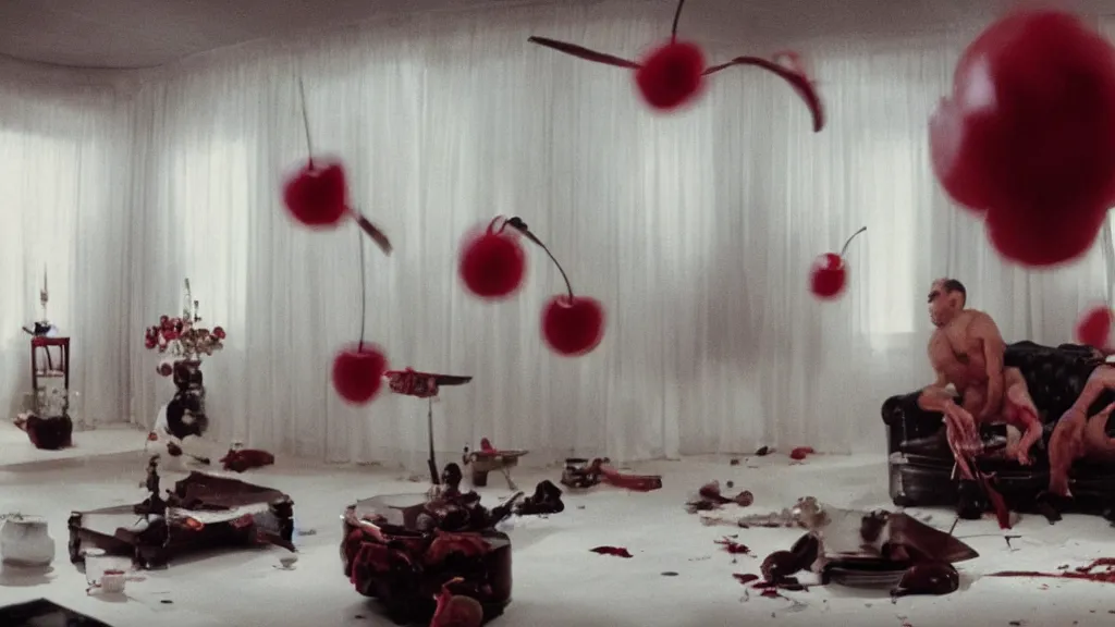 Prompt: Cherry on Cherry violence in a living room, film still from the movie directed by Denis Villeneuve with art direction by Salvador Dalí, wide lens