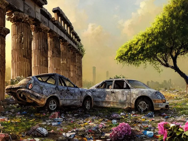 Image similar to a tree growing on a scrap car in ancient greek ruins, gray wasteland, many scrap cars, trash, rubble, overgrown, pillars and arches, colorful flowers, vines, hyperrealistic, highly detailed, cinematic, ray of golden sunlight, beautiful, cgsociety, artstation, 8 k, oil painting by greg rutkowski, by artgerm, by wlop