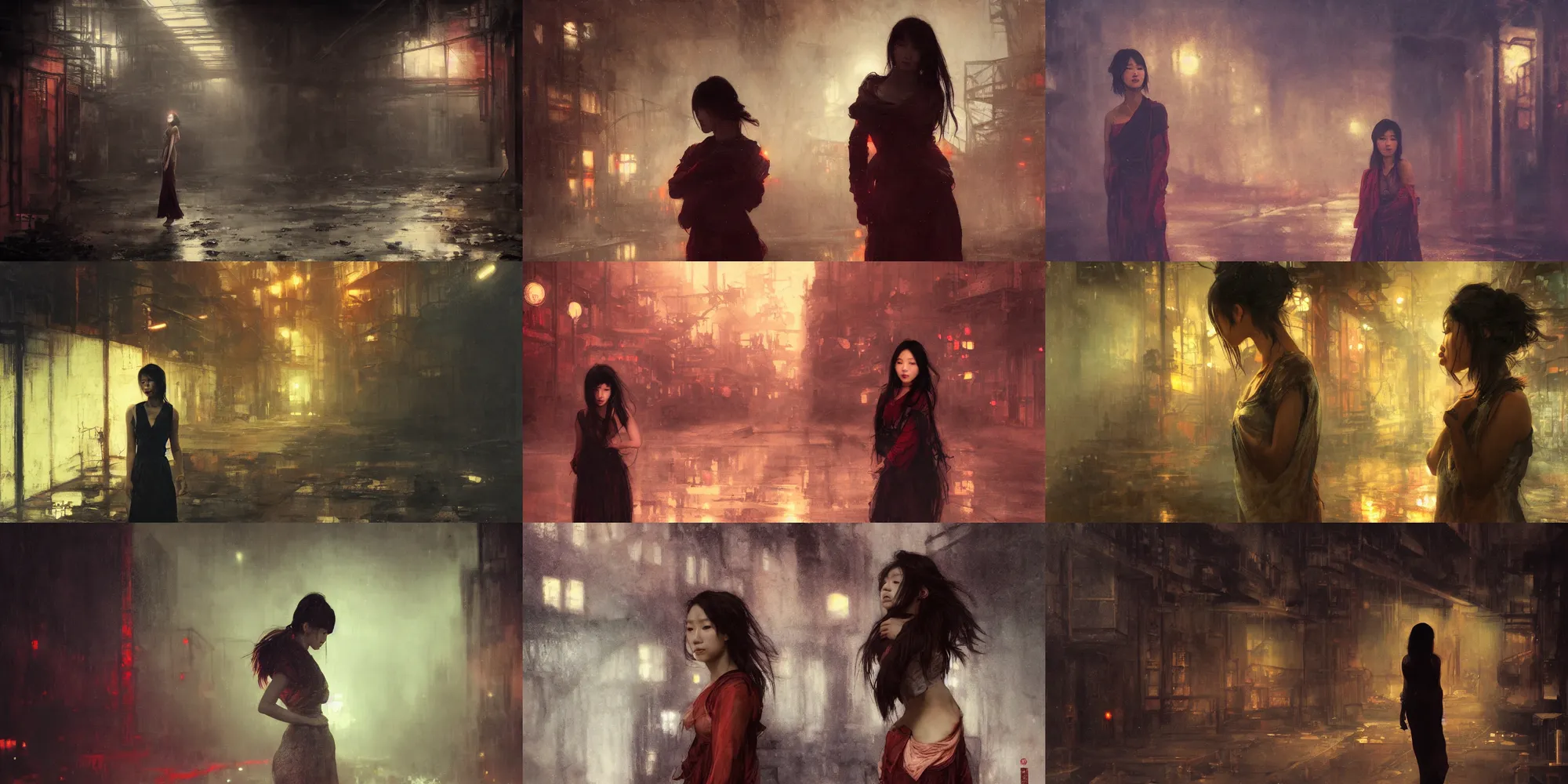Prompt: a beautiful young asian woman in abandoned industrial city at night, dark moody red lighting, by jeremy mann and alphonse mucha, dramatic lighting, ethereal, stunning, breathtaking, awe - inspiring award - winning, 8 k