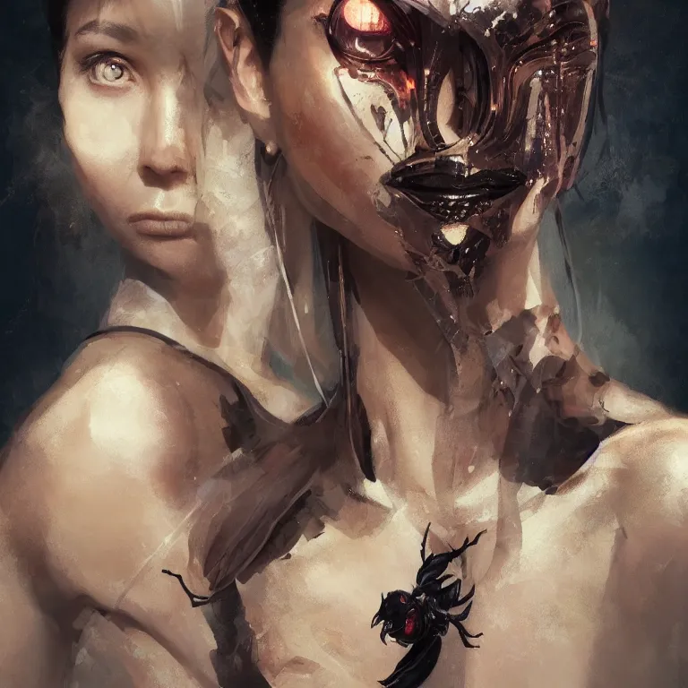 Image similar to a fancy portrait of half bug women by greg rutkowski, sung choi, mitchell mohrhauser, maciej kuciara, johnson ting, maxim verehin, peter konig, 8 k photorealistic, cinematic lighting, hd, high details, dramatic, atmosphereric, trending on artstation