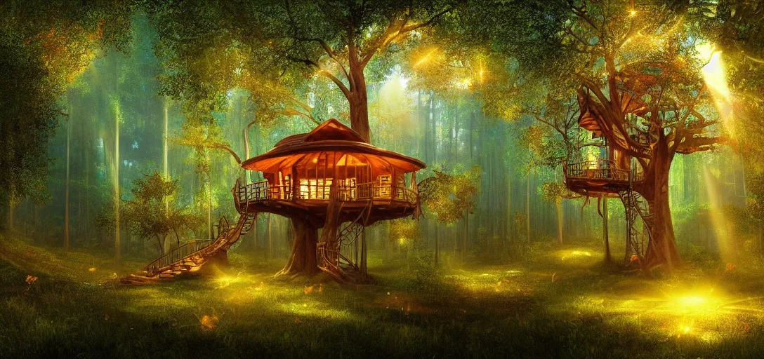 Prompt: beautiful forest, treehouse with glowing round windows, ray tracing, god rays, fireflies, mystical feeling, detailed, digital art