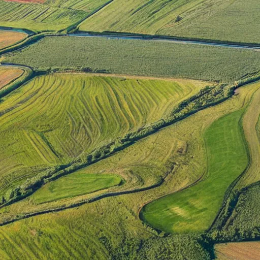 Image similar to a beautiful meadow in the middle of the coal district, aerial view,