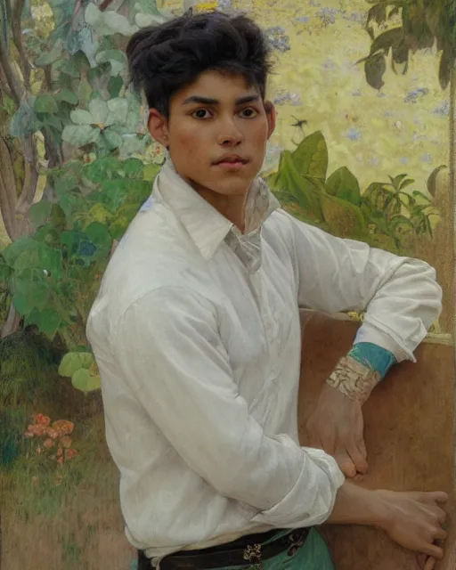 Prompt: young handsome peruvian man, portrait painting by richard schmid, edgar maxence, kehinde wiley, thomas moran, maxfield parrish, studio ghibli, loish, alphonse mucha, fashion photography