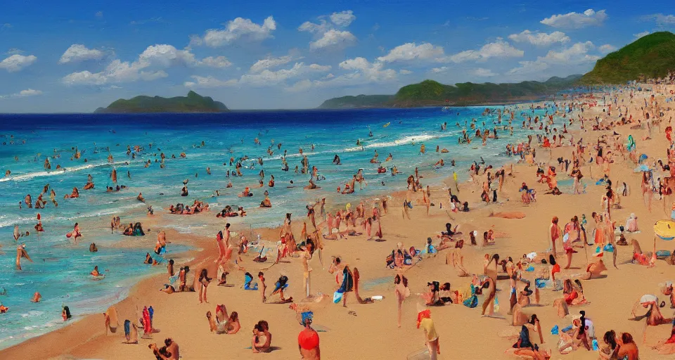 Prompt: beach with many people swiming, digital oil painting, 8k, trading on artstation