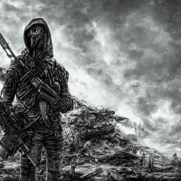 Image similar to gritty hooded apocalyptic man shouldering laser - rifle surrounded by destroyed machine, hyper - detailed, sharp focus, 4 k ultra hd, fantasy dark art, apocalyptic art