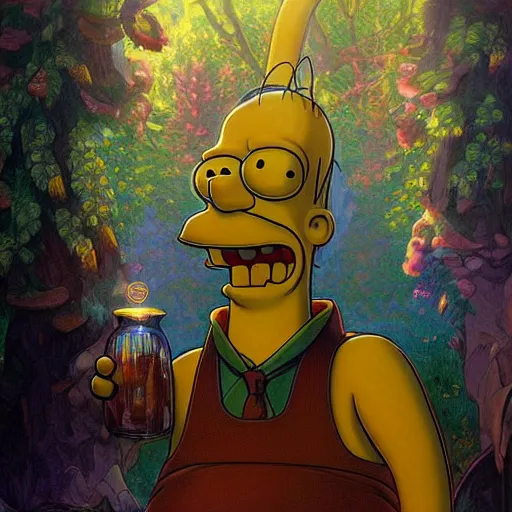 Image similar to ultra realistic illustration of magical homer simpson, forest, fantasy, colorful lights, intricate, elegant, highly detailed, digital painting, artstation, concept art, smooth, sharp focus, illustration, art by artgerm and greg rutkowski and alphonse mucha homer!!! simpson!!!