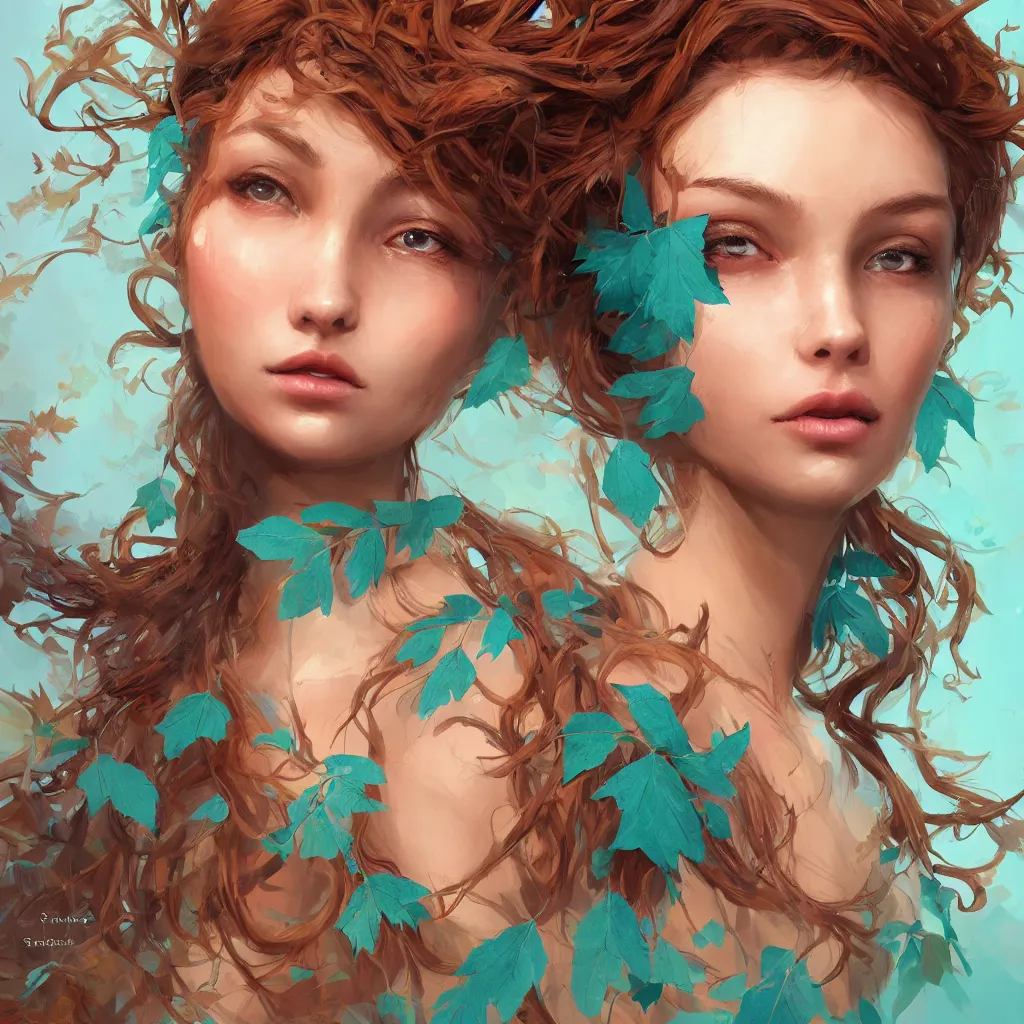 Prompt: A beautiful digital painting of a beautiful girl with teal skin and antlers made of wood, brown curly hair with autmn leaves, by Stanley Artgerm Lau, WLOP, Rossdraws, James Jean, Andrei Riabovitchev, Marc Simonetti, and Sakimichan, trending on artstation, SFW version