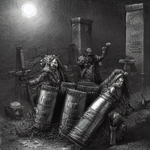 Image similar to nine steel barrels in a graveyard with 2 zombies, creepy atmosphere, dark, portrait, realistic, very realistic, illustration by gustave dore